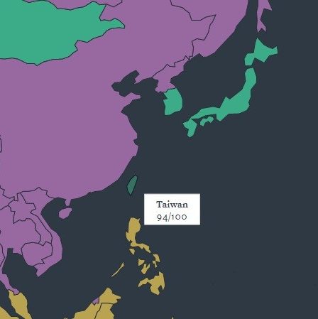 La Suède, la Finlande et la Norvège ont été classées au premier rang par Freedom House et Taïwan s'est classé au 7e rang. - 8