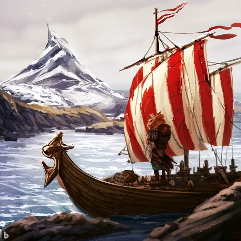 Erik le Rouge arrive au Groenland en bateau viking. Image par Bing AI.