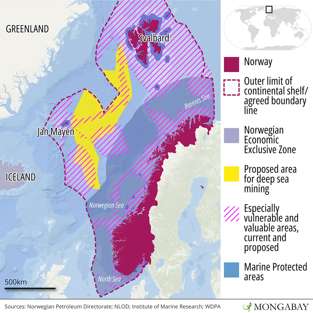 La Norvège propose d'ouvrir une zone de la taille de l'Allemagne à l'exploitation minière en eaux profondes 17 Carte montrant les zones et les frontières de la Norvège.