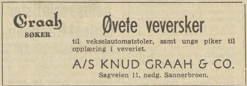Une annonce dans le journal Arbeiderbladet (Le magazine du travail) de l'usine Knud Graah recherchant des tisserands qualifiés en 1952. Une annonce dans le journal Arbeiderbladet (Le magazine du travail) de l'usine Knud Graah à la recherche de tisserands qualifiés en 1952.
