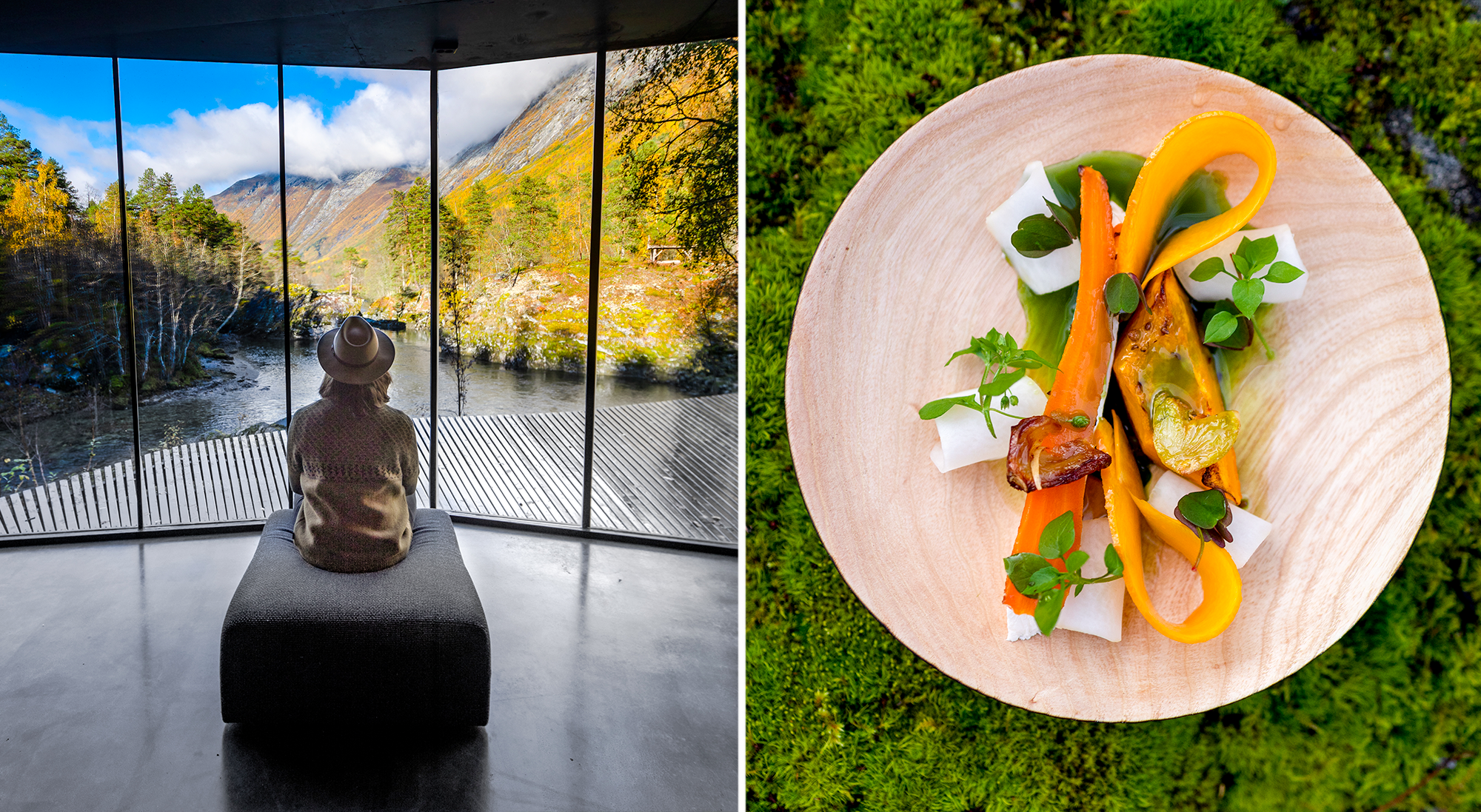 Un client et une assiette de nourriture au Juvet Landscape Hotel, Norvège.