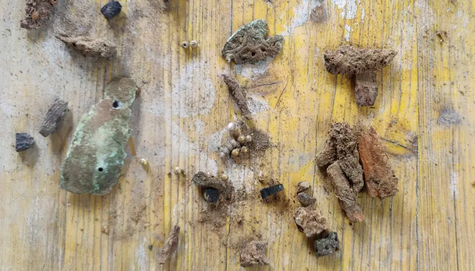 Des perles de verre dorées ainsi qu'une boucle de ceinture dorée ont été trouvées dans la tombe. Et un certain nombre de pièces de métal qui peuvent ou non être liées à la découverte.