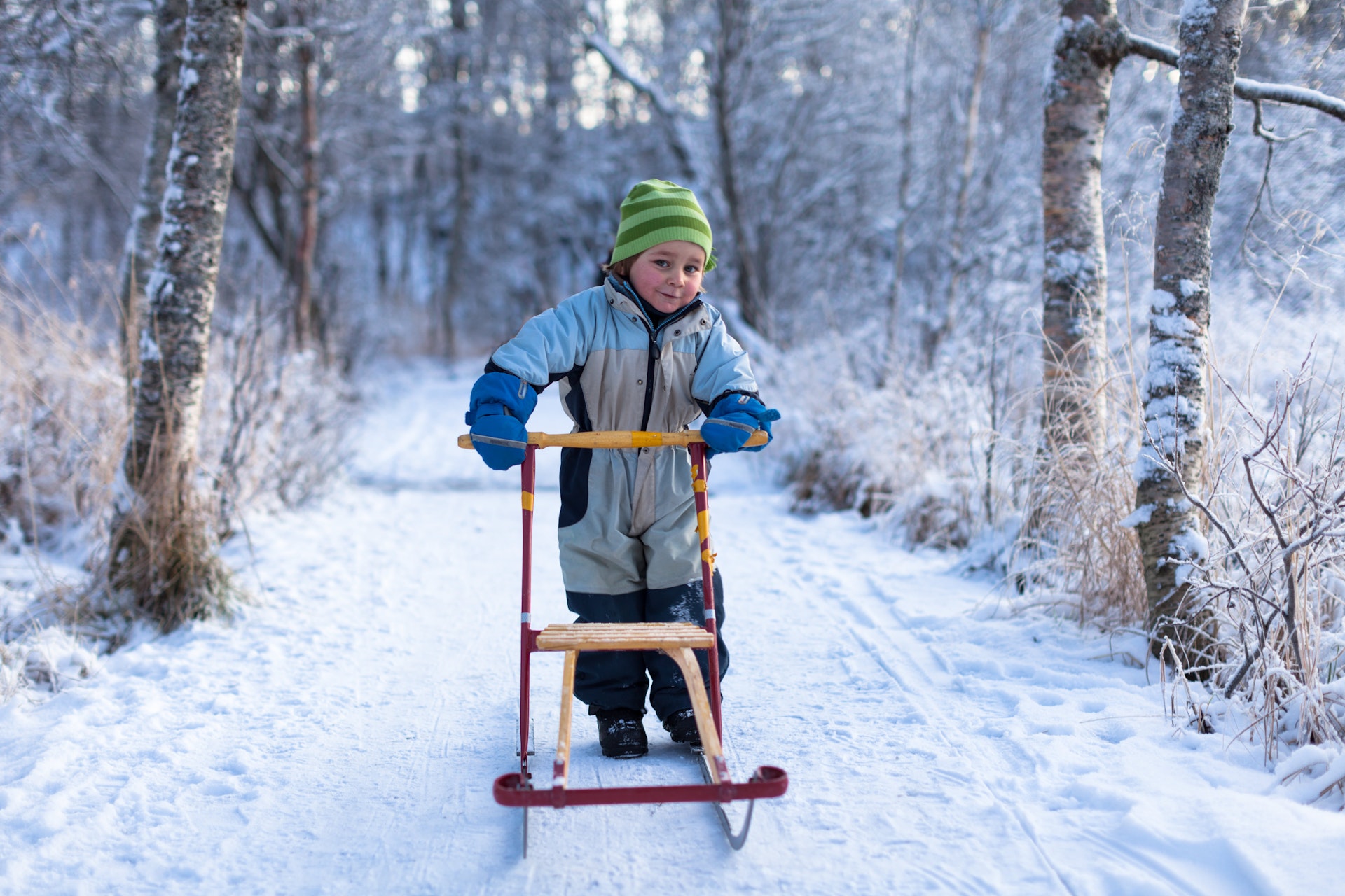 Les meilleures choses à faire en Norvège avec des enfants 11 Un garçon sur une trottinette dans la neige au bord du lac Prestvannet, à Tromso, en Norvège.