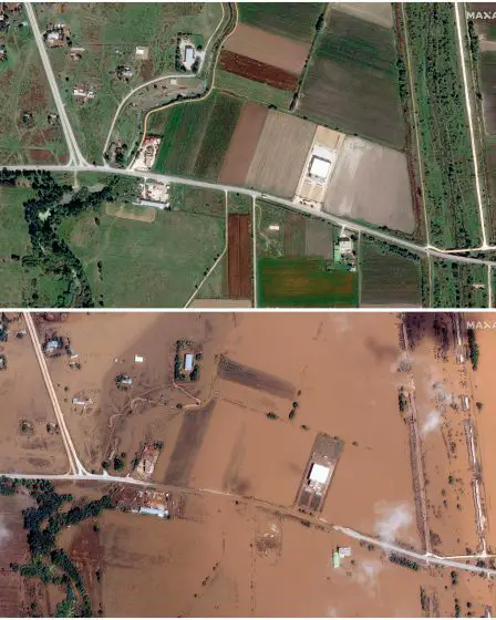 Ces photos ont été prises à un an d'intervalle. En quelques heures, la principale zone agricole grecque a été inondée. - 1