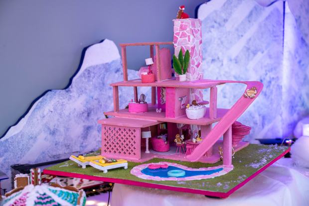 Découvrez les gagnants du concours Norway House - Twin Cities 79 Une structure rose à plusieurs niveaux avec une salle de bain, une piscine, un toboggan et une grande cheminée rose.