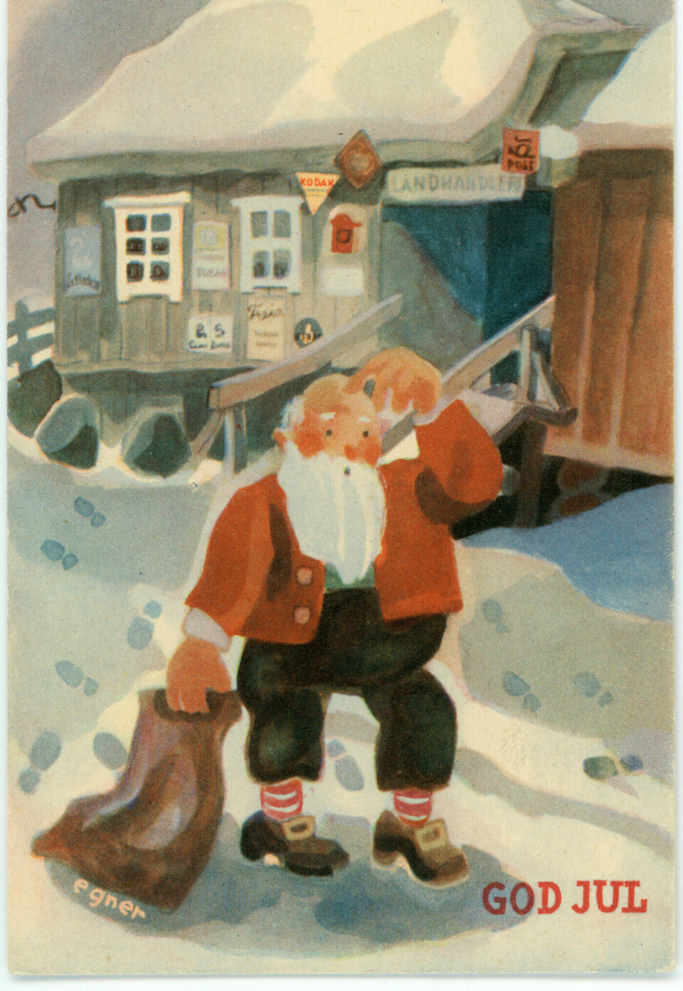 Thorbjørn Egner a également illustré plusieurs cartes pendant la guerre avec des gnomes de Noël portant le bonnet rouge, mais cette carte pourrait avoir un message tout aussi clair. Thorbjørn Egner a également illustré plusieurs cartes pendant la guerre avec des gnomes de Noël portant le bonnet rouge, mais cette carte pourrait avoir un message tout aussi clair.