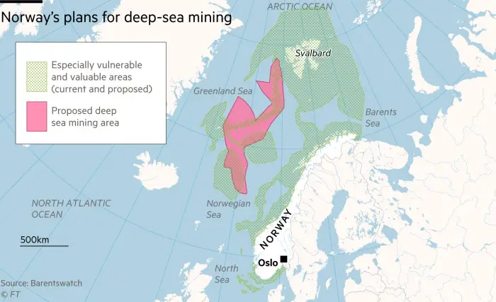 Carte montrant l'emplacement de la zone d'exploitation minière en eaux profondes proposée par la Norvège.
