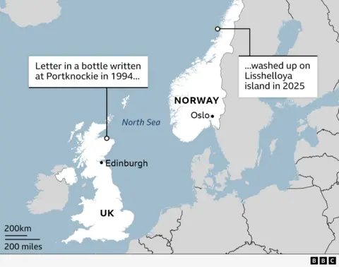 Le message d'une écolière de Moray dans une bouteille reçoit une réponse de la Norvège 31 ans plus tard 43 Carte montrant Portknockie au Royaume-Uni et la Norvège, avec la mer du Nord entre les deux.