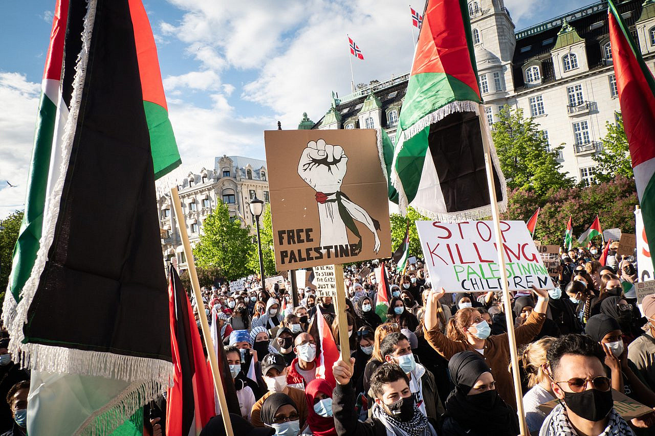 Des milliers de personnes manifestent devant le Parlement norvégien contre les attaques israéliennes sur Gaza, Oslo, 19 mai 2021. (Ryan Rodrick Beiler/Activestills) Des milliers de personnes protestent devant le Parlement norvégien contre les attaques israéliennes sur Gaza, Oslo, 19 mai 2021. (Ryan Rodrick Beiler/Activestills)