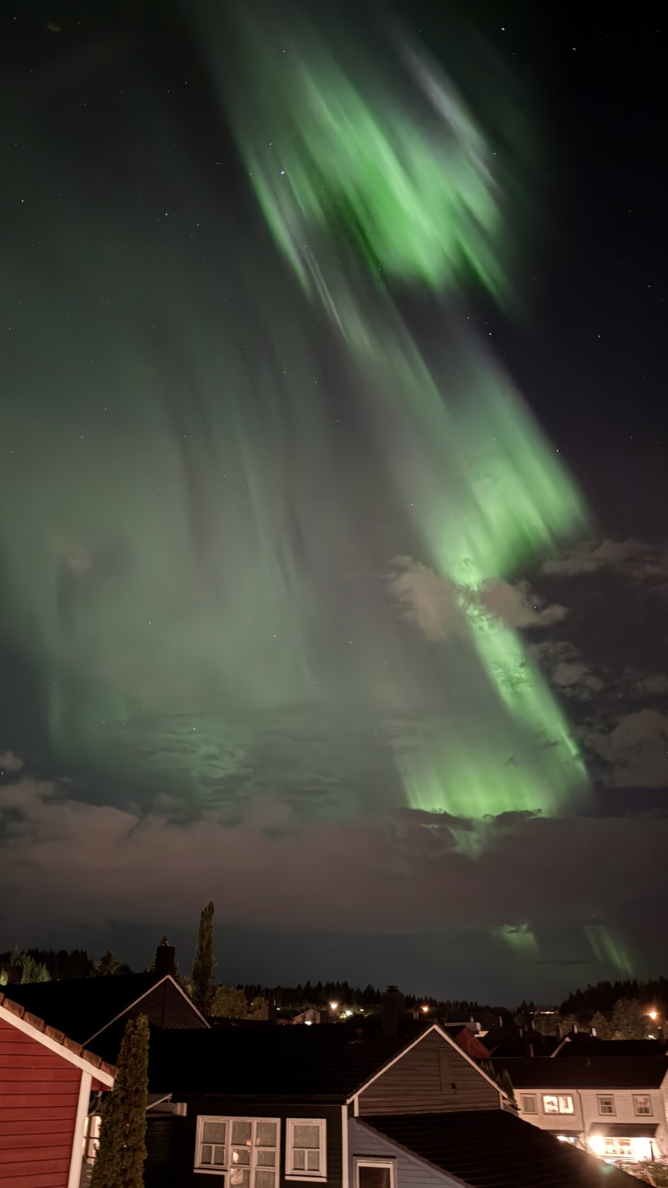 La semaine des aurores boréales à Trondheim 28 Rideau d'aurores vertes au-dessus de Trondheim. Photo : David Nikel.