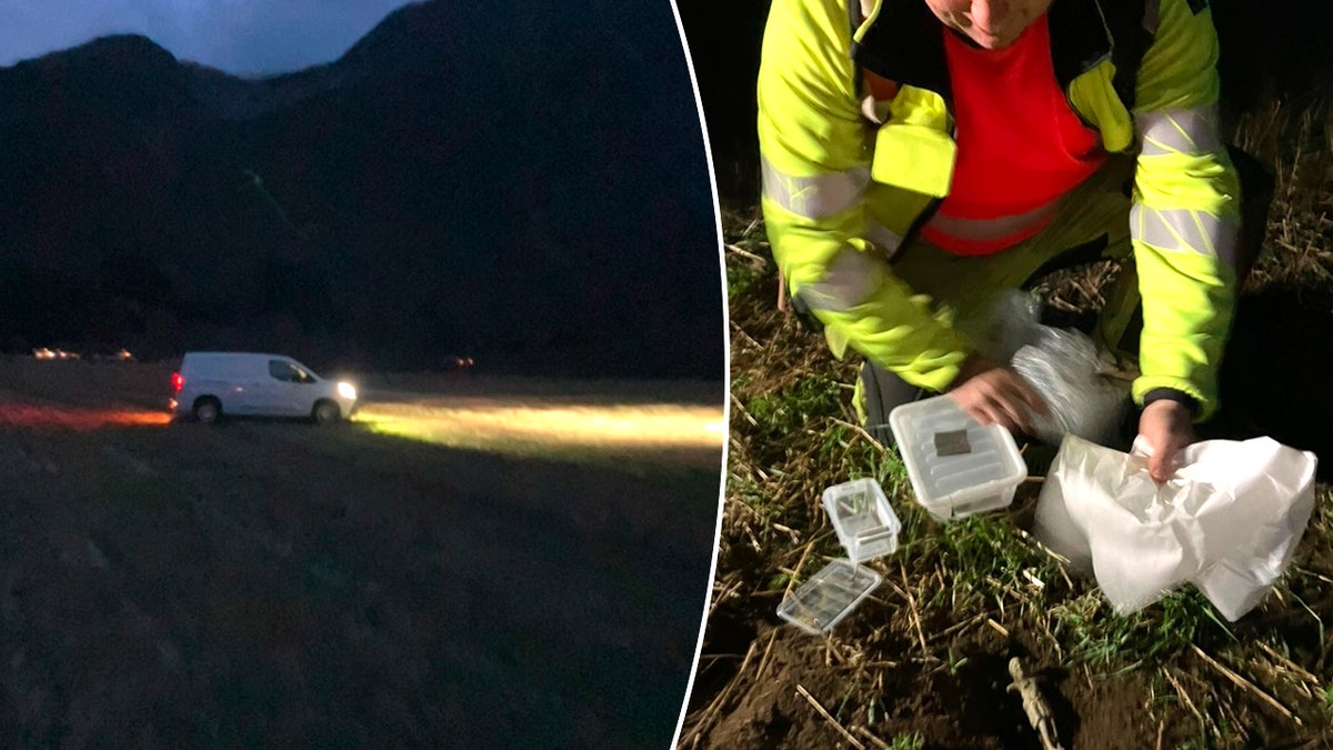 Un chasseur de trésors trouve une figurine de Jésus vieille de près de 1 000 ans dans un champ norvégien balayé par les vents 12 Voiture sur un champ dans l'obscurité, pelleteuse sur les lieux