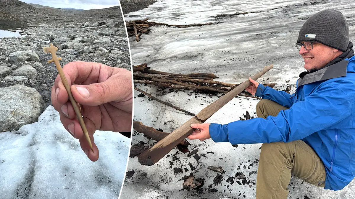 Des archéologues découvrent dans les montagnes norvégiennes un piège à rennes vieux de 1 500 ans 12 Image fractionnée d'un homme tenant un artefact, homme tenant une longue lance en bois