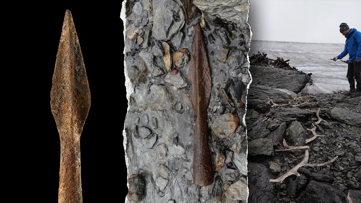 Des archéologues découvrent dans les montagnes norvégiennes un piège à rennes vieux de 1 500 ans 13 Image fractionnée d'une lance, d'une lance dans un cours d'eau et d'un homme regardant un tas de débris.