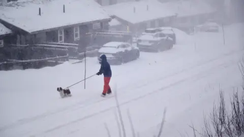 Getty Images Un piéton promène son chien sur une route enneigée à côté de maisons et de voitures garées à Are, dans le nord de la Suède.