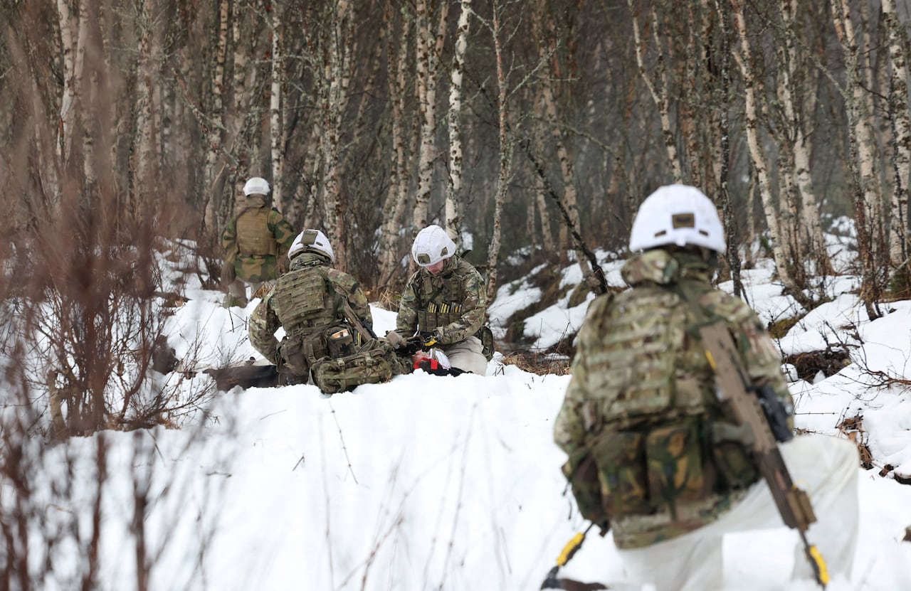La question des sous-marins n'est pas à l'ordre du jour lors de la rencontre entre Carney et les dirigeants de la Norvège et de l'Allemagne 10 Quatre soldats vêtus d'un treillis d'hiver sont accroupis dans une forêt
