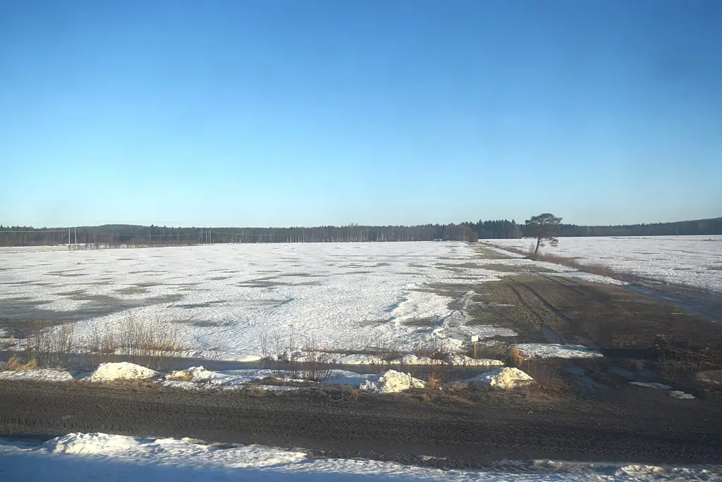 New Day Cafe - Photos de Suède et de Norvège 34 Vue sur des champs enneigés, avec des forêts au loin. L'endroit se trouve dans l'est de la Suède.